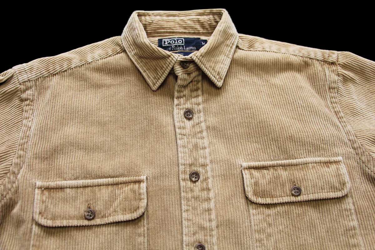 90s USA製 ポロ ラルフローレン 太畝 コーデュロイシャツ 薄茶