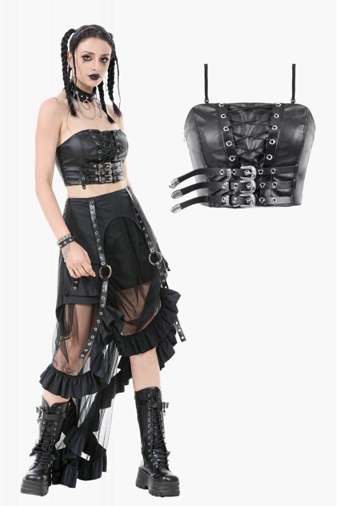 Punk Belted Corset Top with Grommet Lace-Up and Metal Detail