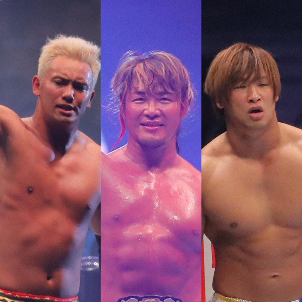 神対応したオカダ・カズチカ（左）、棚橋弘至（中央）、飯伏幸太（右