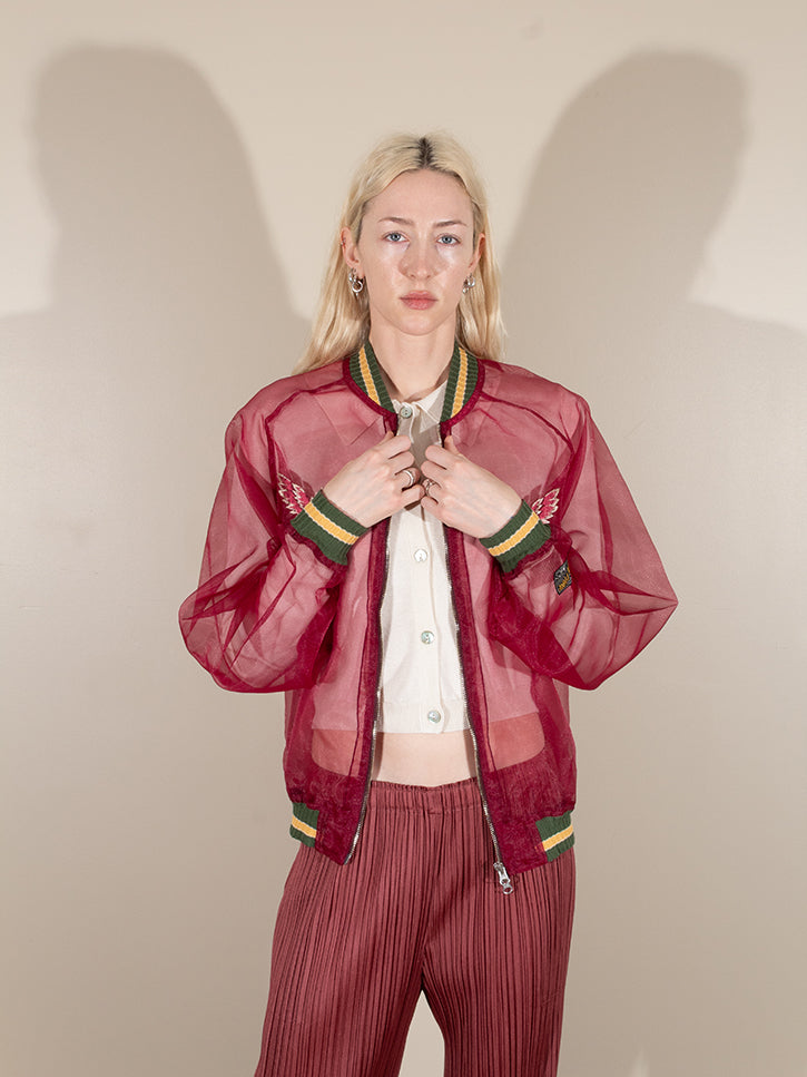 Kapital Sheer Pearl Souvenir Jacket, Burgundy | Stand Up Comedy
