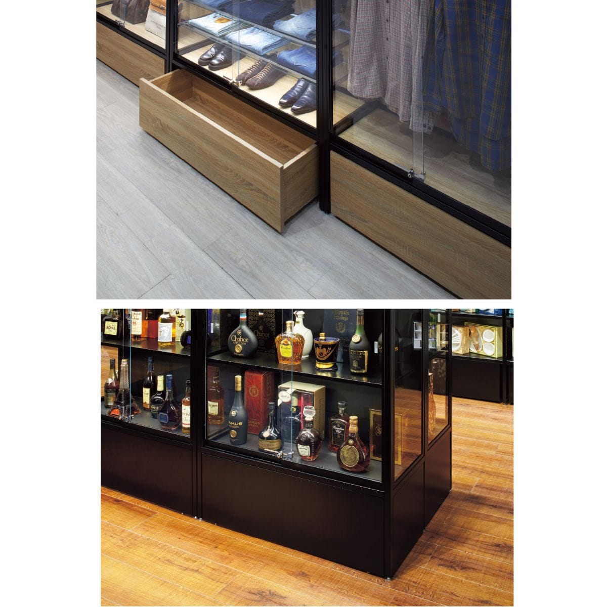 ラテラルショーケースブラック 幅120×高さ180cm パネル：ラスティック