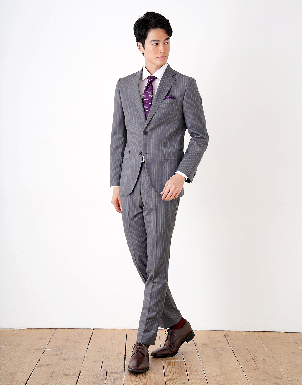 SB04GS ライトグレー・ピンストライプ サブスク【初回スーツ登録