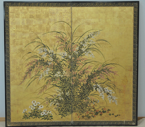 籠に菊秋草図屏風、超希少・大判画集画、新品高級額装付 籠に菊秋草図