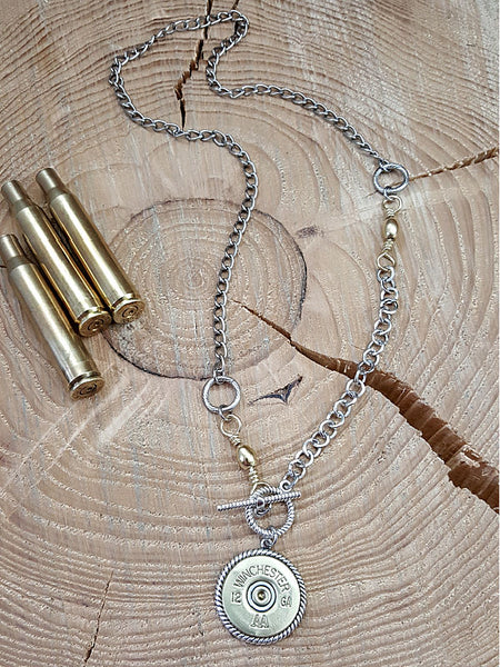 Bullet Necklace - 12 Gauge Shotshell Toggle Medallion Mixed Metal