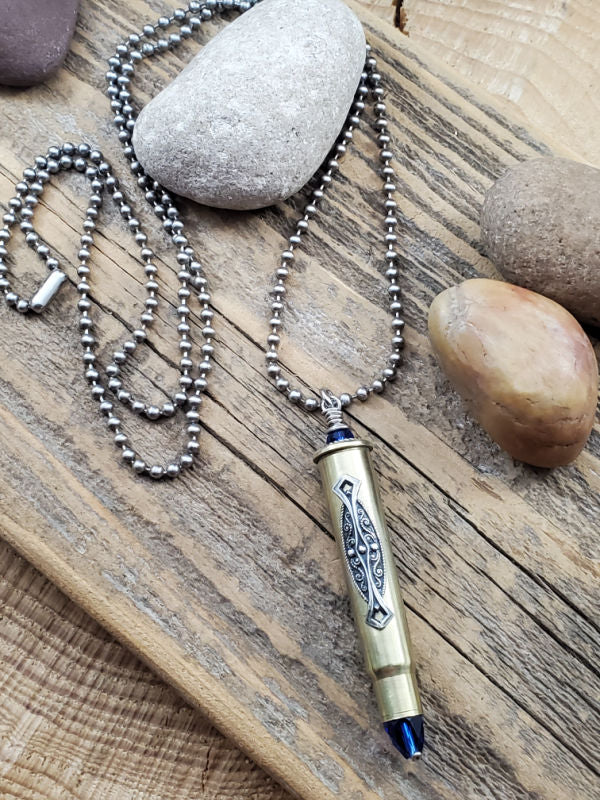 Rifle Casing, Filigree & Sapphire Beaded Bullet Necklace