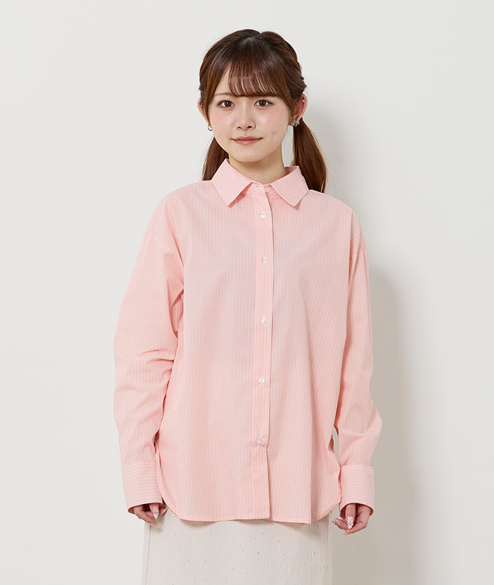 トレンドスタイル＞婦人ストライプシャツ(Mサイズ ピンク