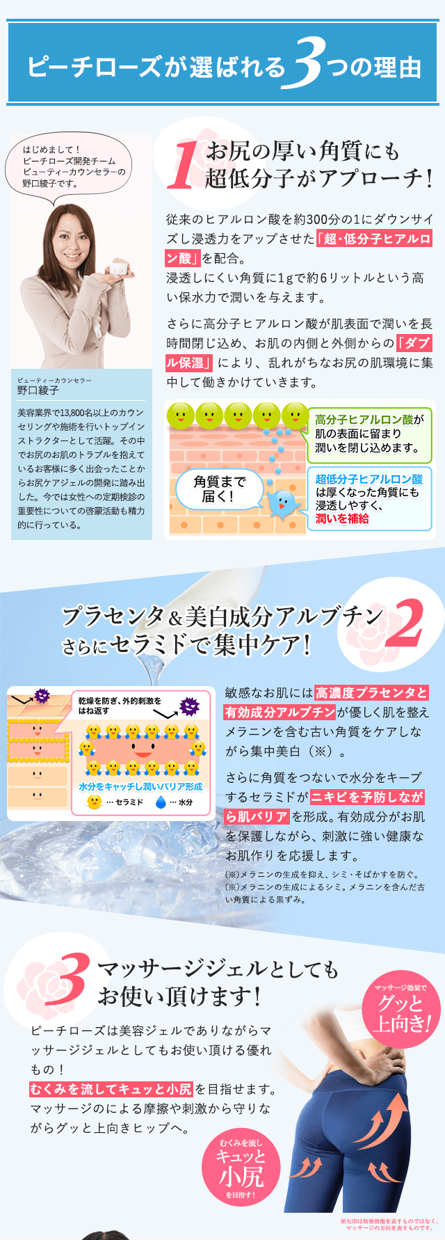 お尻ニキビや、シミ・黒ずみ対策用ジェル｜薬用ピーチローズ（PeachRose）