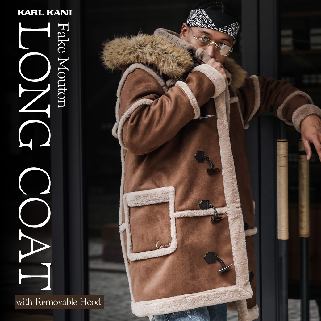 Karl Kani] ファーフード 脱着 フェイクムートン ロングコート | PEET
