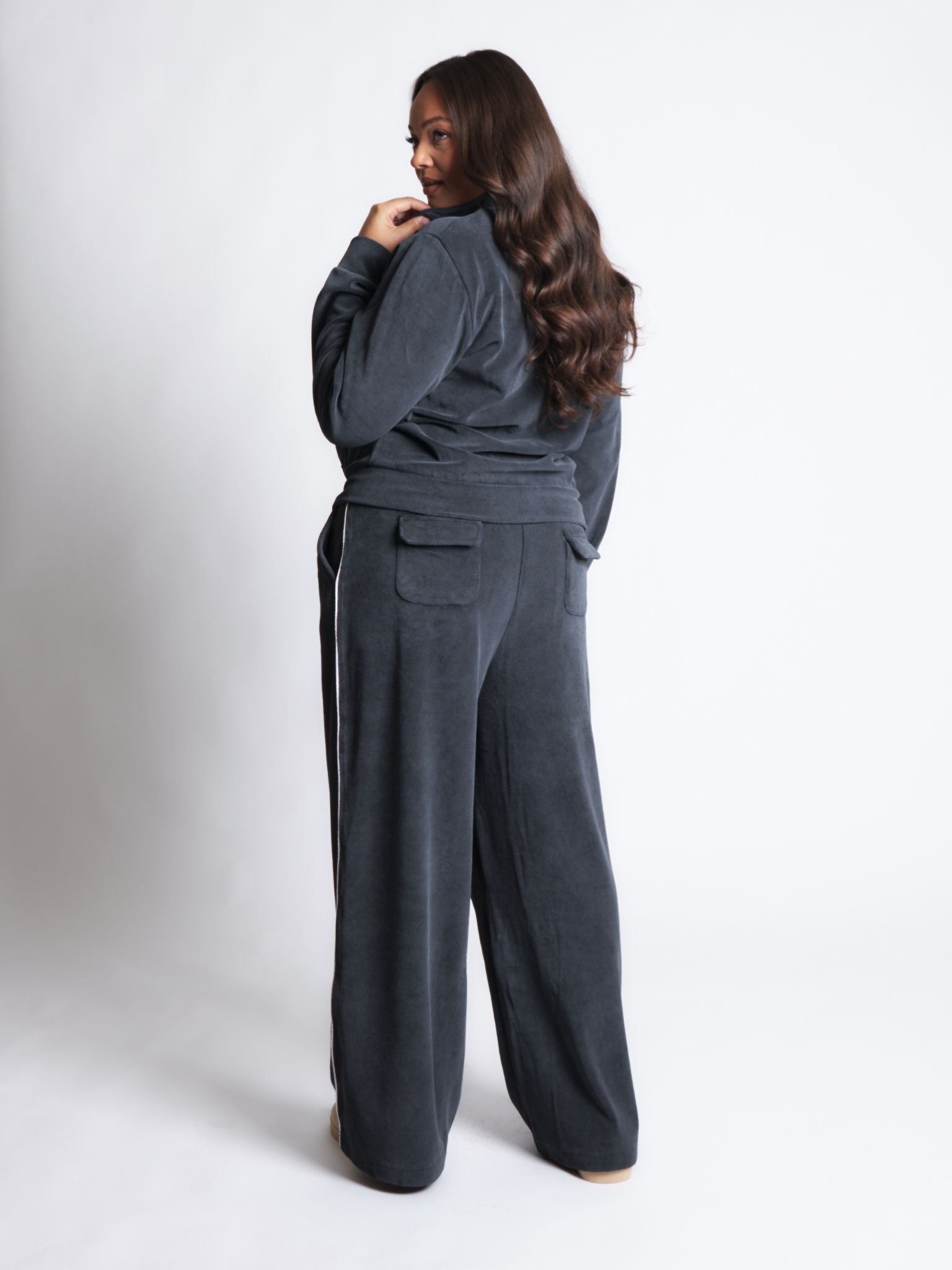 Velour Acid Wash Zip Up Track Jacket - Black