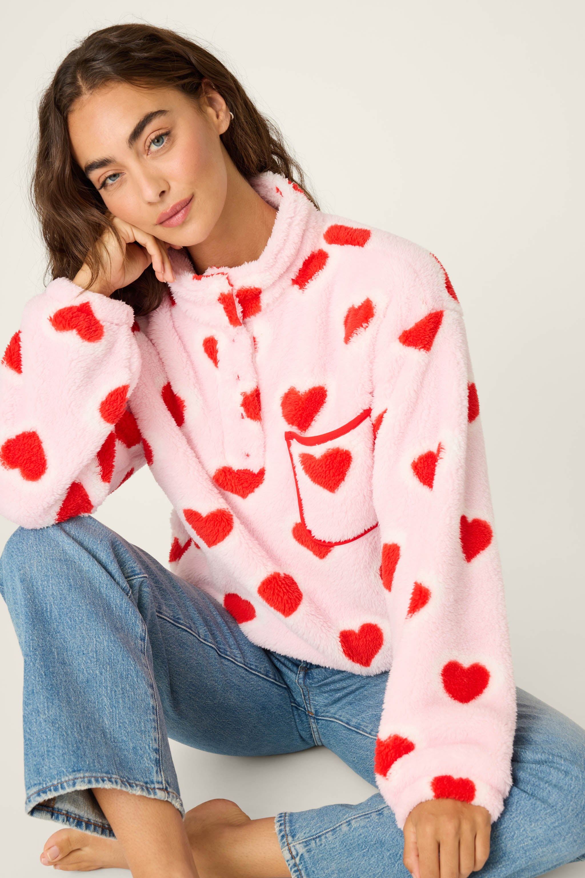 Let's Get Cozy Heart Print Plush Pullover | P.J. Salvage