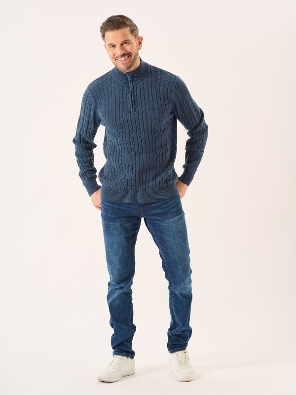 Nordic Blue Zip Neck Cable Knit Lifestyle Jumper - Noble