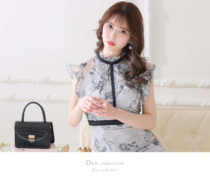 Lサイズあり】花柄レースxフリル袖タイトキャバドレス(DE2584)