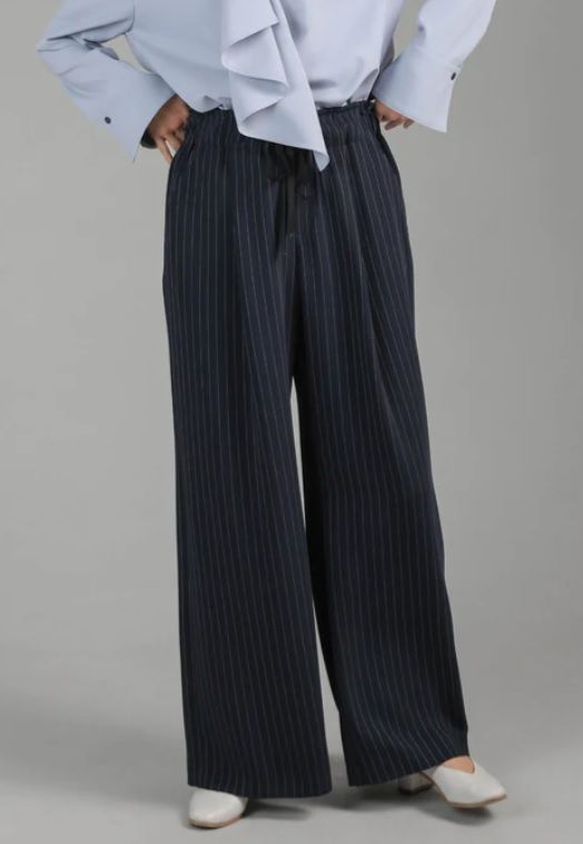 trois - ダブルクロスストライプワイドイージーパンツ ネイビー