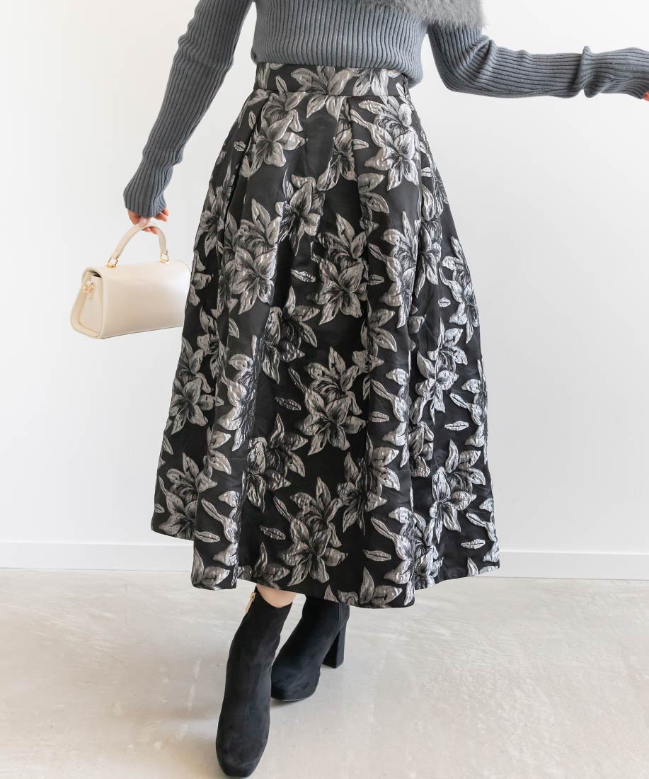 SALE】フラワージャガードフレアスカート
