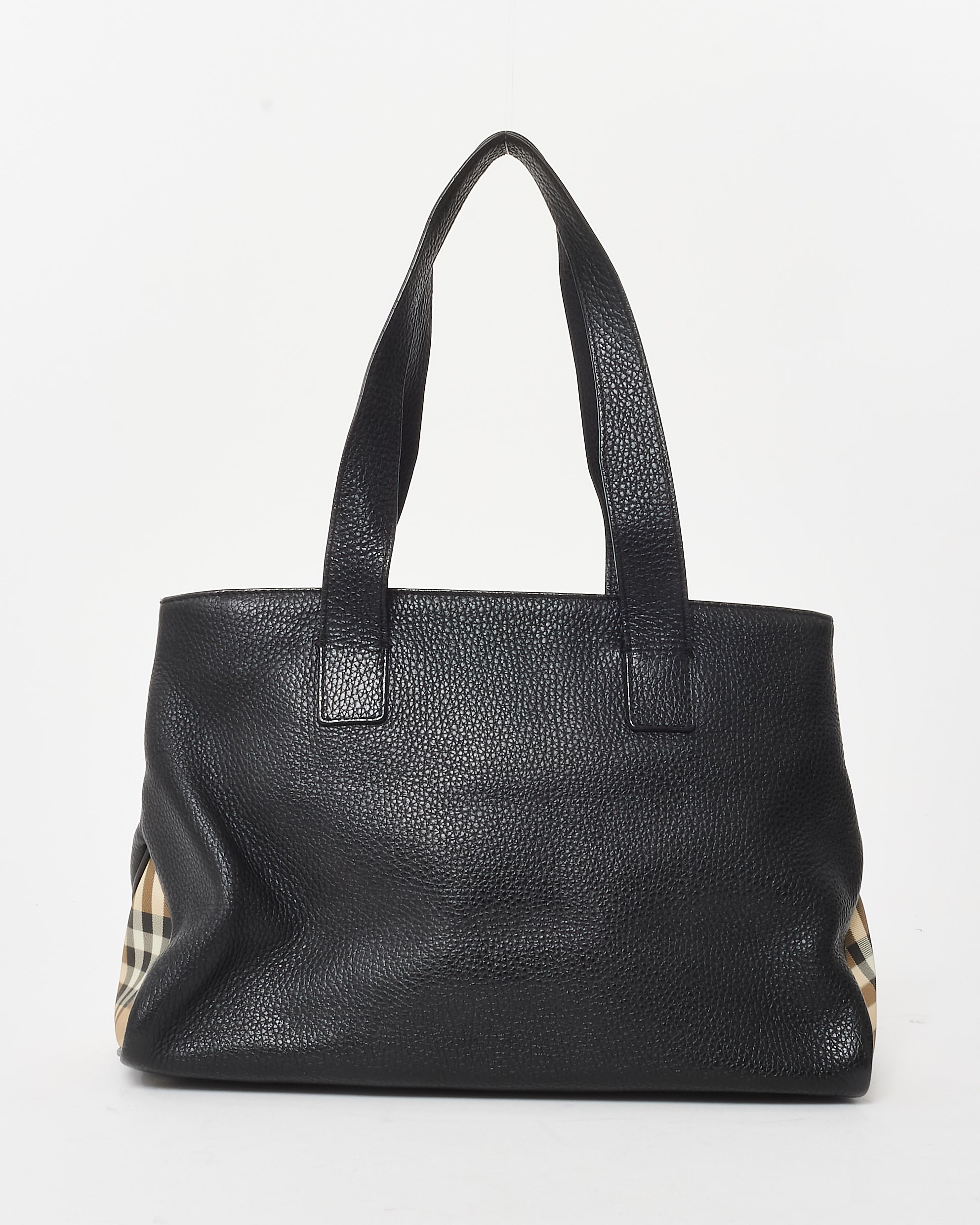 Buy Burberry Black Leather and Novacheck Horn Toggle Tote Bag