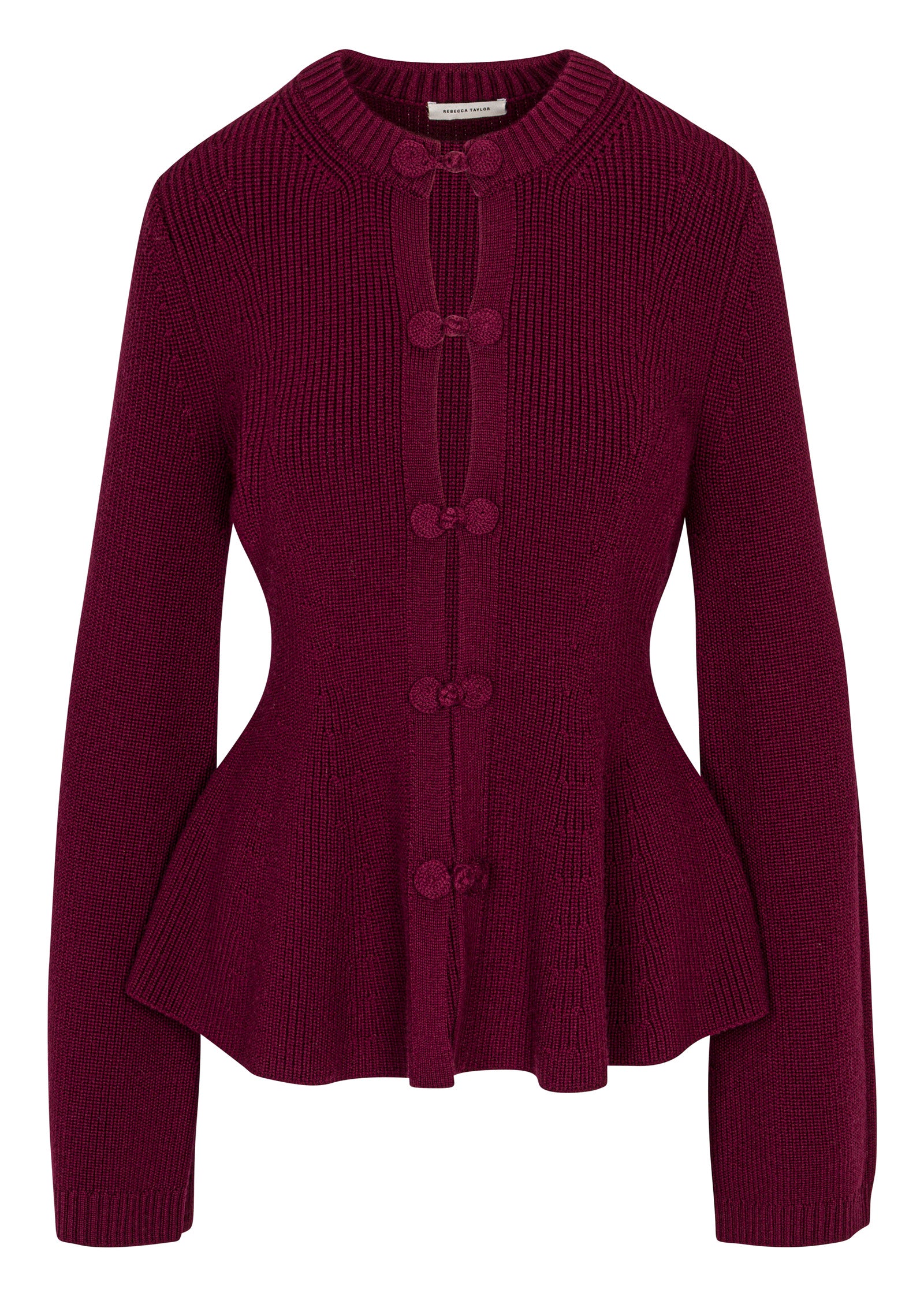 Burgundy Buttoned Peplum Cardigan - Plum Novelty Wool Peplum Cardi