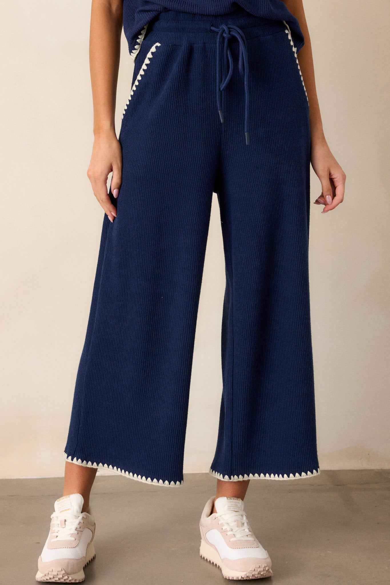 Navy Blanket Stitch Wide Leg Pants - All Loungewear | Red Dress