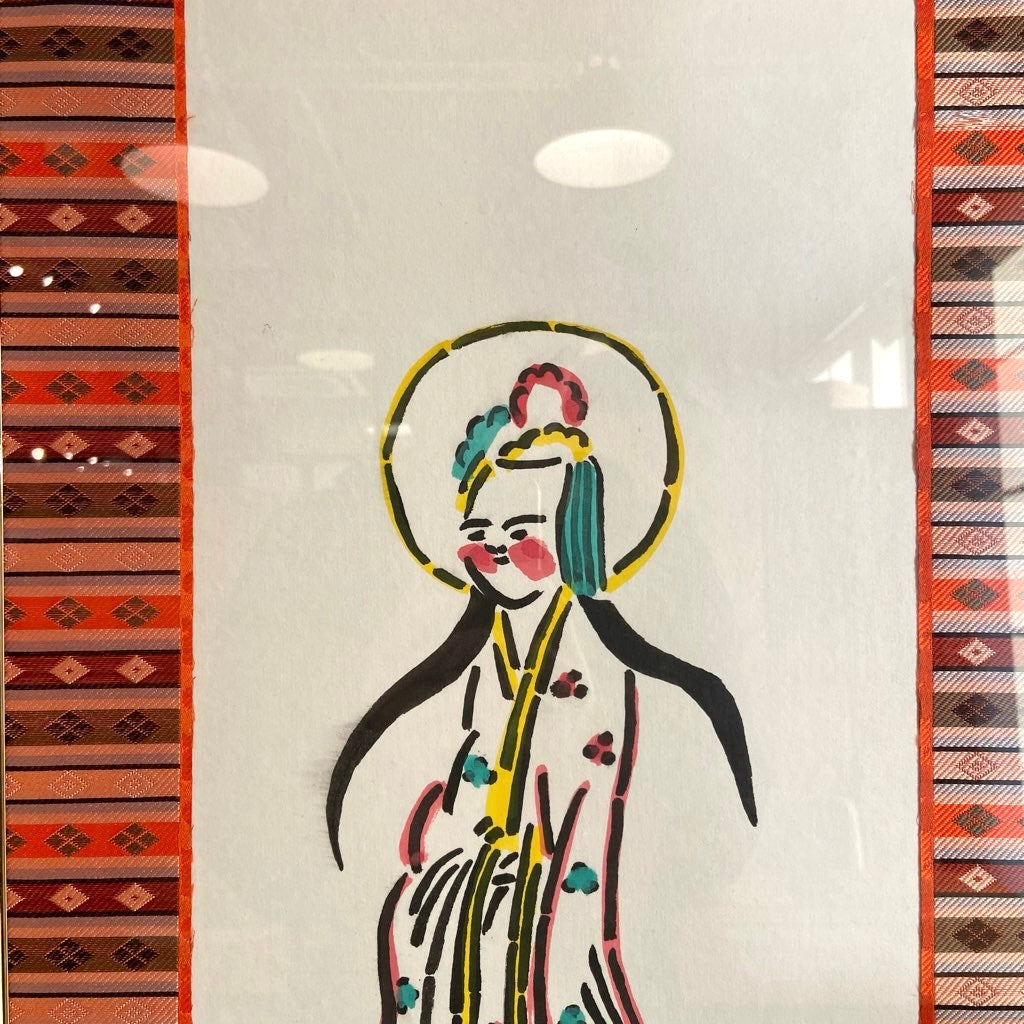 芹沢銈介 肉筆画「微笑観音」額装 紙本彩色 サイン入り 希少 民藝