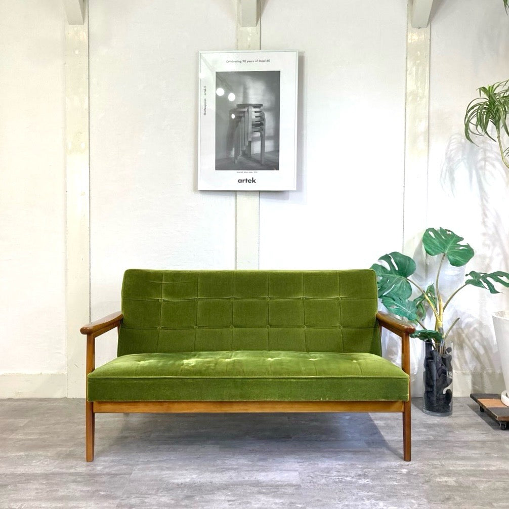 カリモク60 Kチェア 2シーターソファ モケットグリーン 中古 緑 レトロ