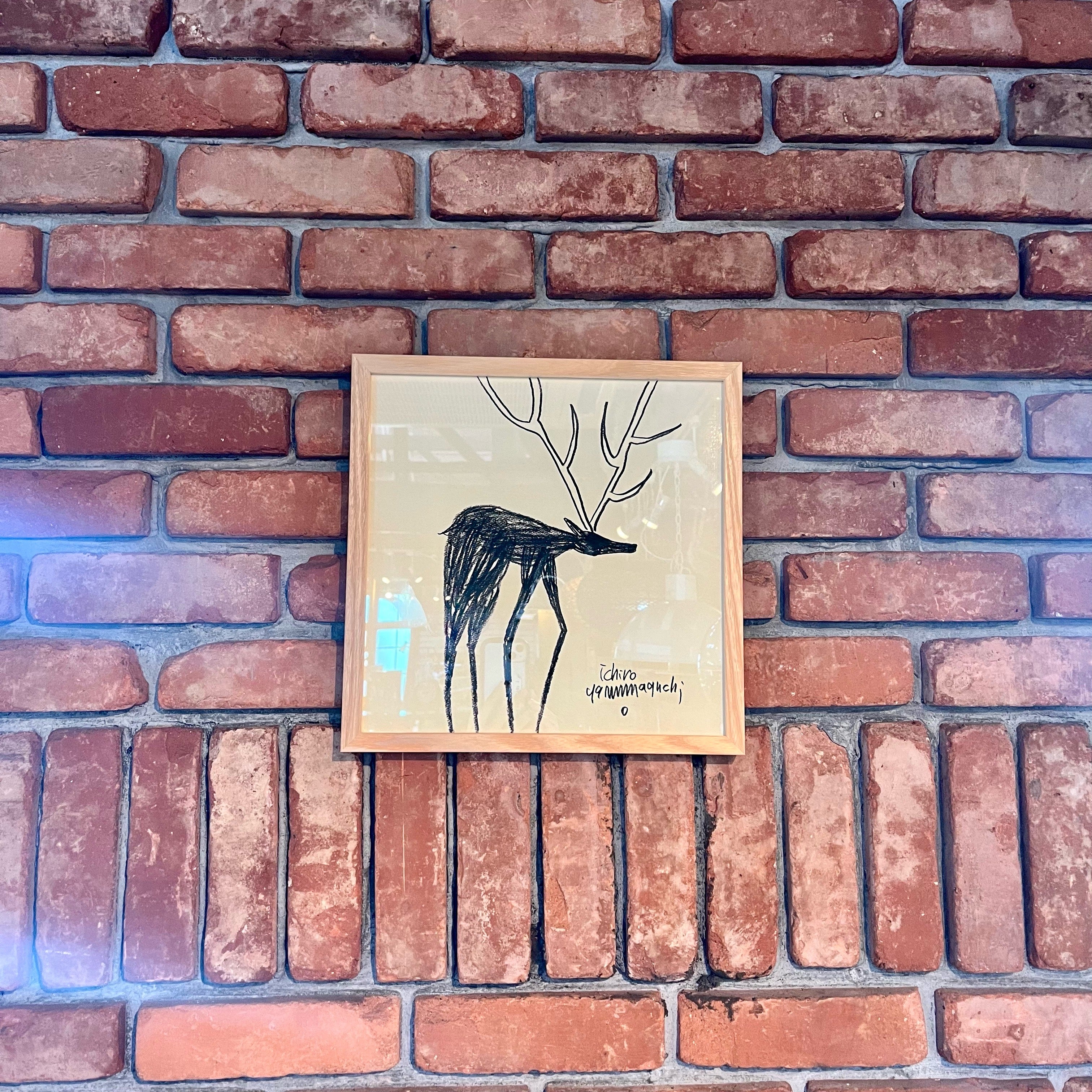 山口一郎 アートポスター トナカイ フレーム付 中古 絵 インテリア雑貨