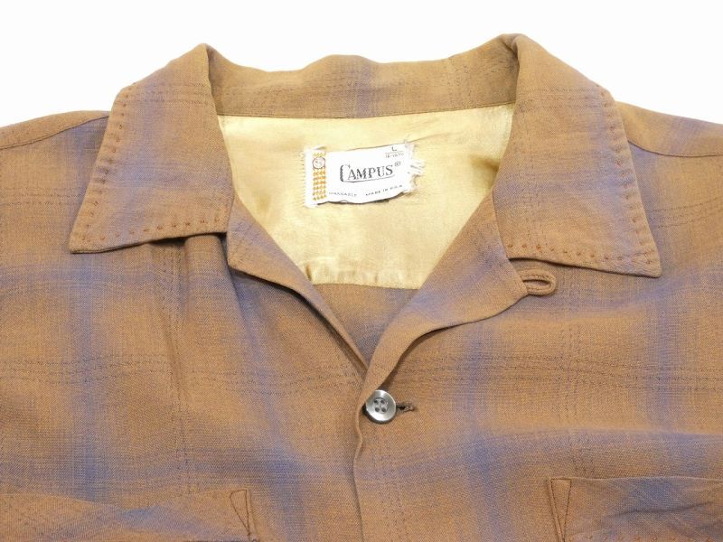 50s 60s CAMPUS OMBRE SHADOW CHECK RAYON SHIRT with HAND STITCH - RICUR