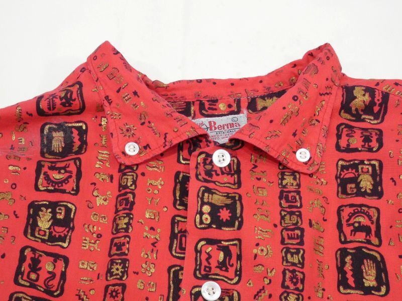 50s BUD Berma ROCK'N ROLL HIEROGLYPHIC ALL OVER PATTERN BOX SHIRT
