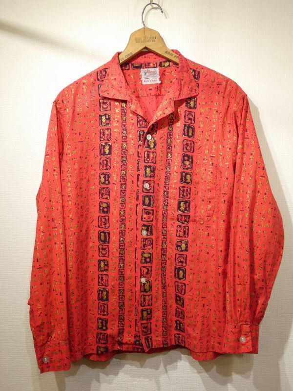 50s BUD Berma ROCK'N ROLL HIEROGLYPHIC ALL OVER PATTERN BOX SHIRT