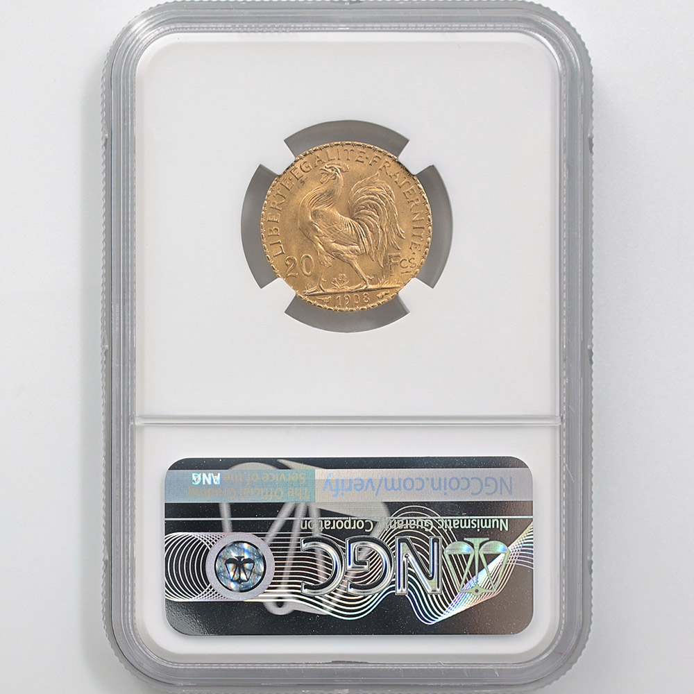 1908 フランス マリアンヌ・ルースター 20フラン 金貨 NGC MS 66 完全