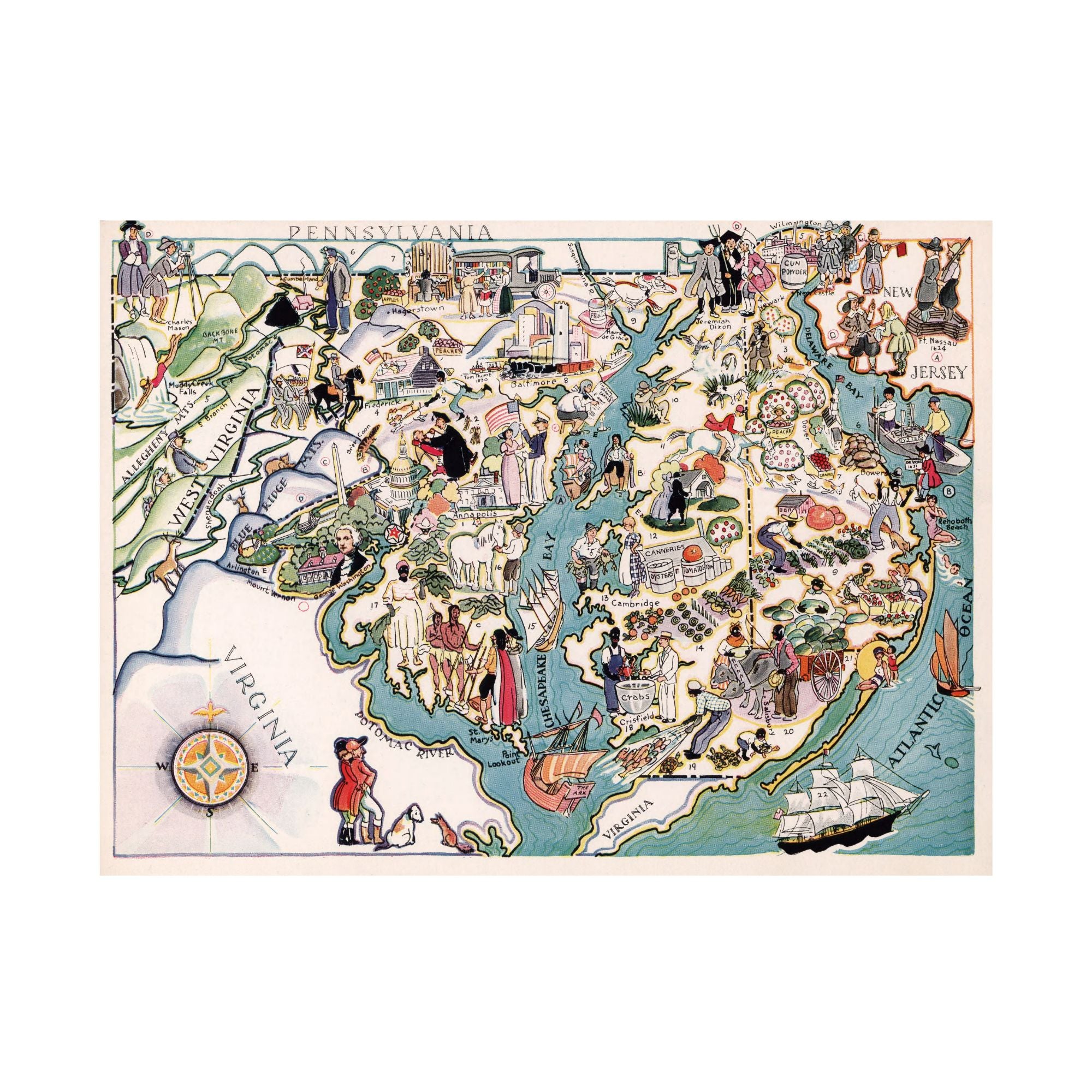 Antique Mid-Atlantic Pictorial Map | Wooden Puzzle of District