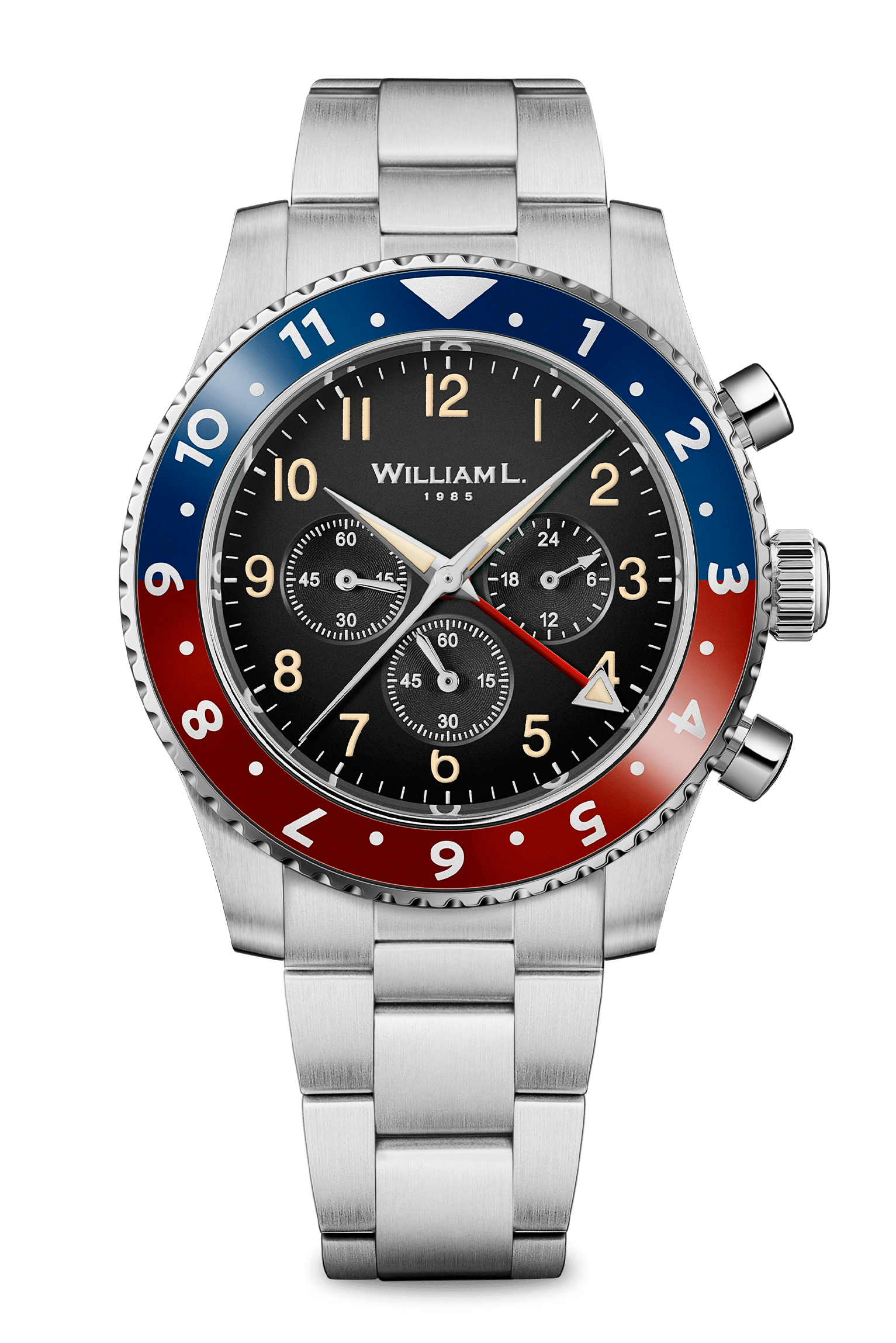William L. 1985: Chrono Dual Time - Red Bezel - Metal Bracelet