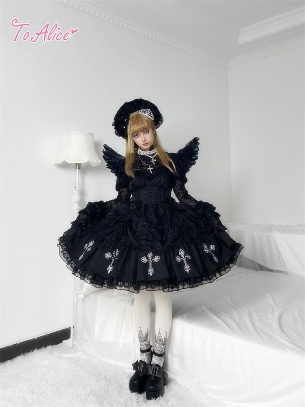 BlackShamrock】F1ブラックコルセットクロス刺繍ドレス - To Alice