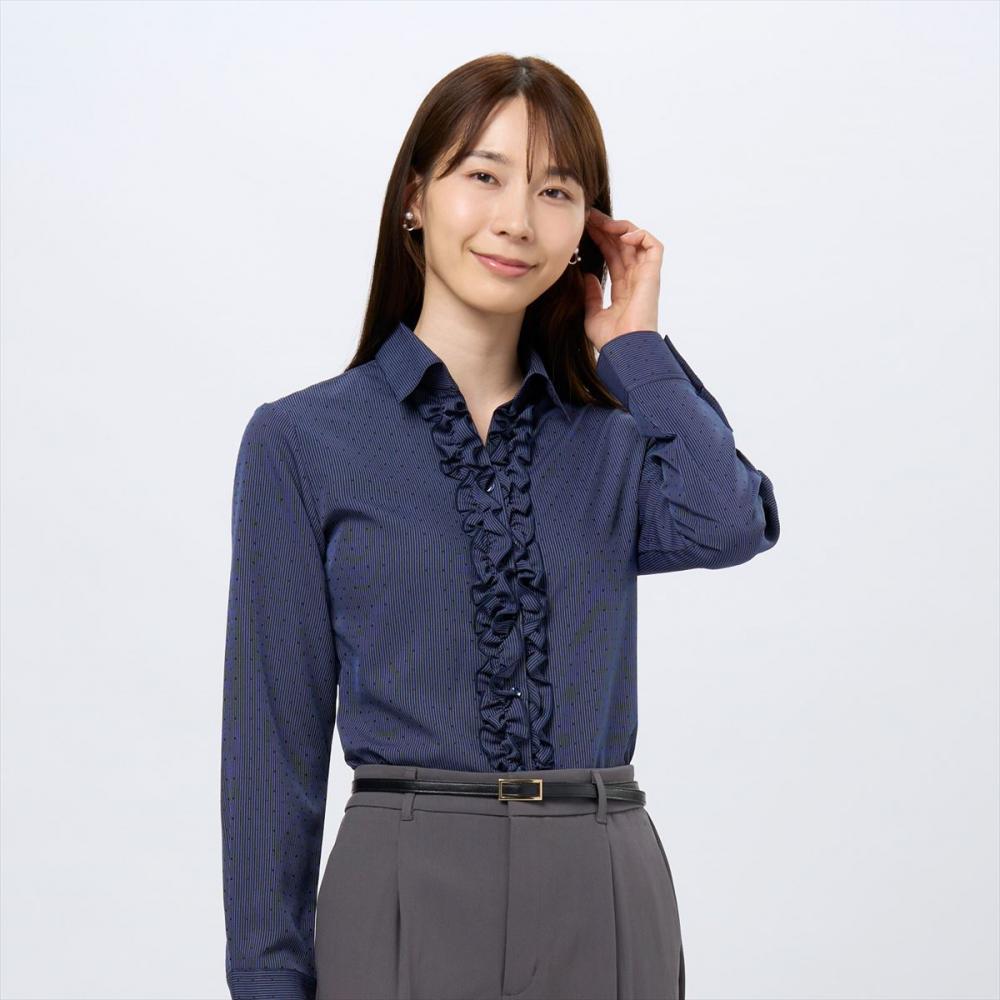 COFREX】 前立ミニフリル 長袖 レディースフリルシャツ(S ホワイト