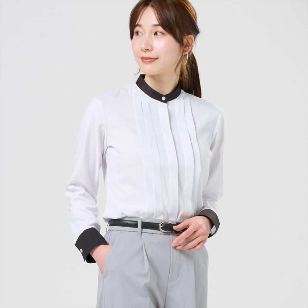 COFREX】 スタンド配色 長袖 レディースデザインシャツ(S グレー