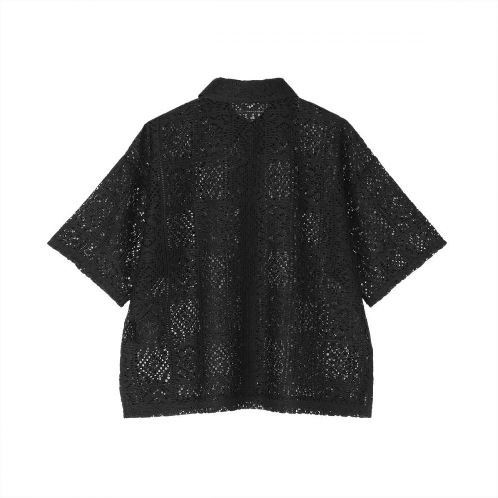 クロシェ風 レースシャツブラウス 五分袖 レディース(M ブラック