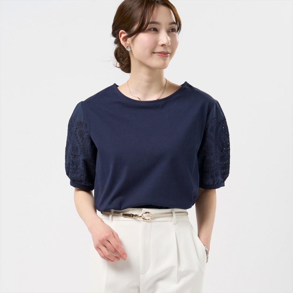 袖刺繍ブラウス 半袖 レディース(M ネイビー): 東京シャツ公式通販
