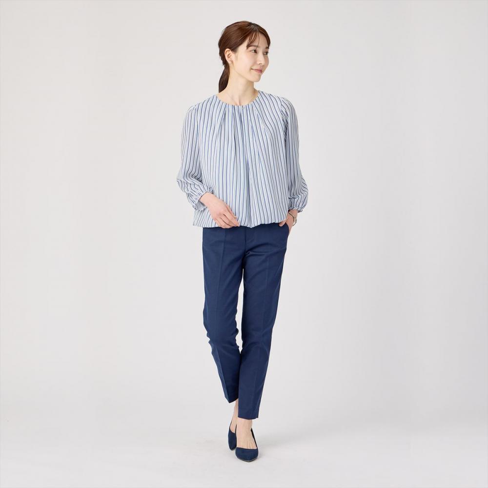 フロントタック ストライプブラウス 長袖 レディース(M ブルー): 東京