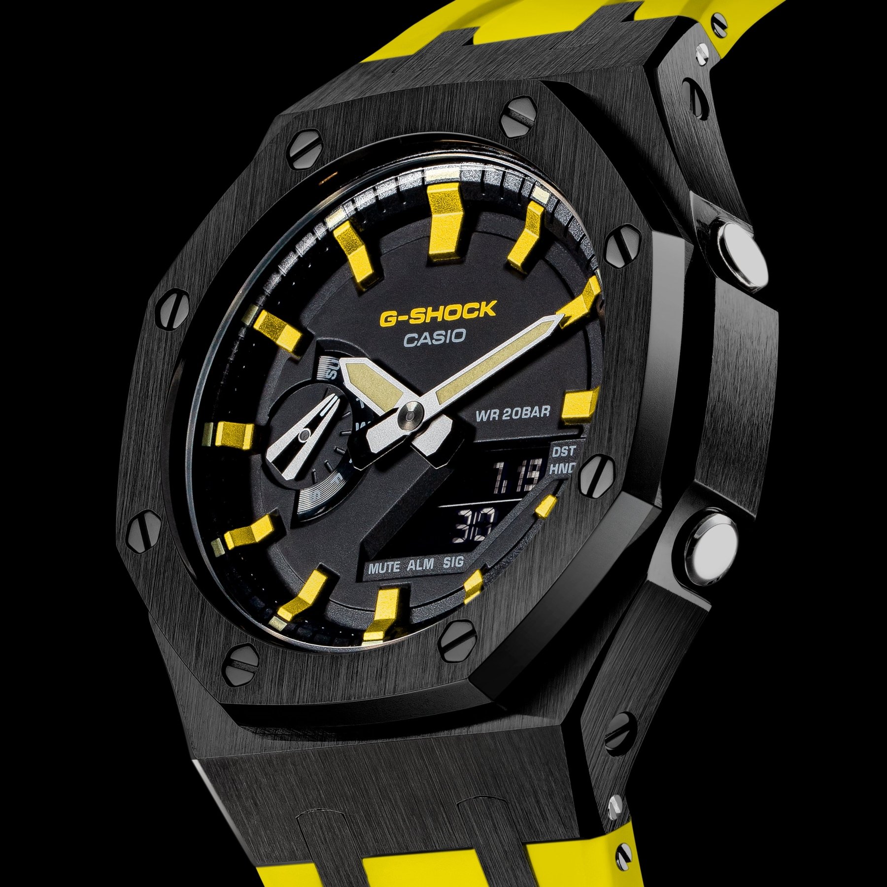 G-SHOCK Mod with Black Steel Case, Yellow Strap, Black Face