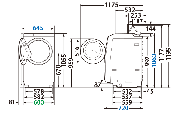 寸法・仕様 | TW-127XP2L/TW-127XP2R | 洗濯機・洗濯乾燥機 | 東芝
