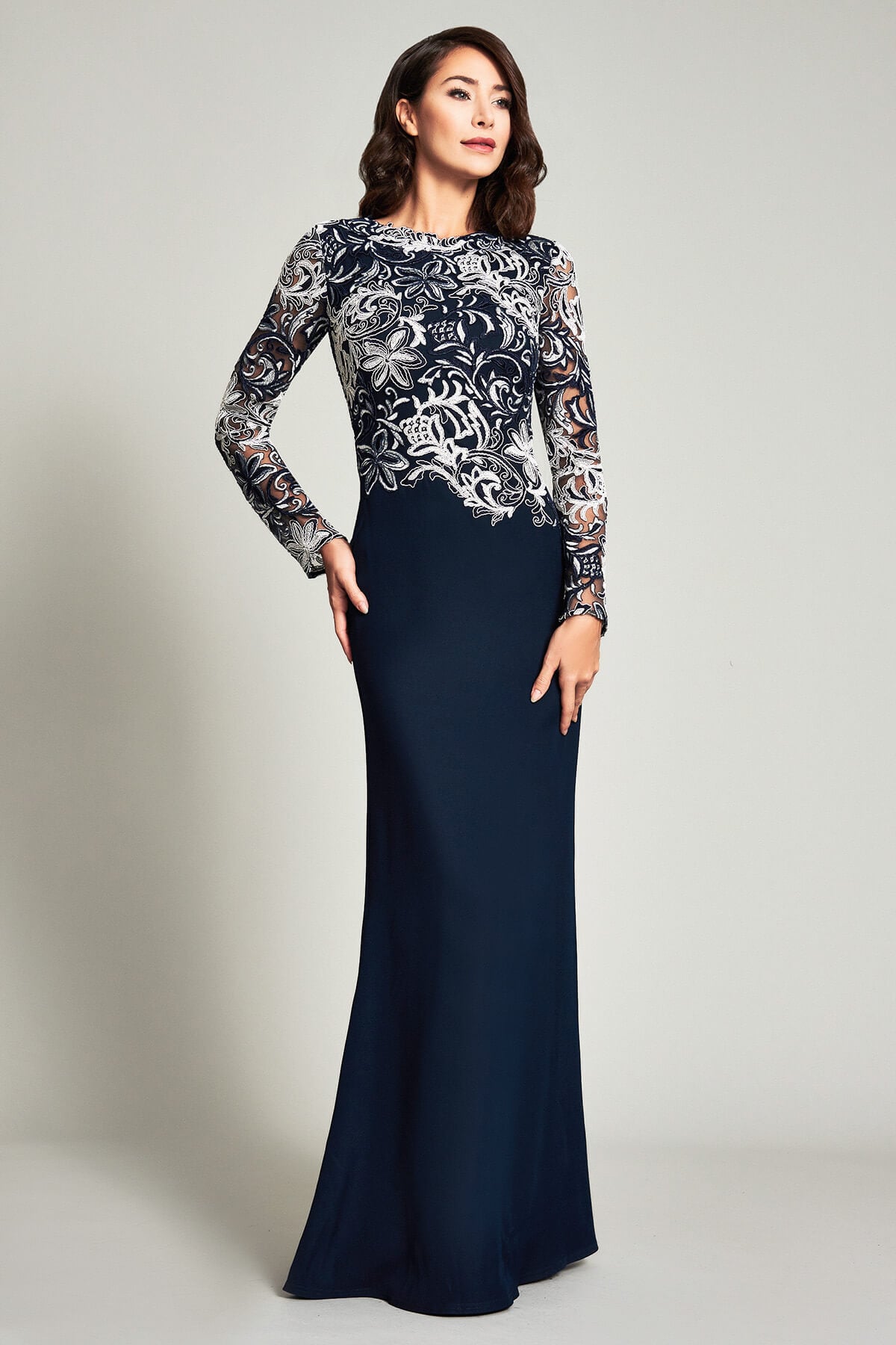 Hegar Long-Sleeve Crepe Gown | Tadashi Shoji