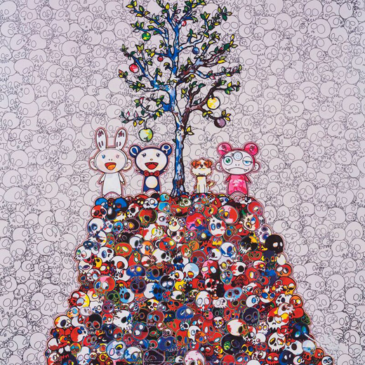 カイカイキキとDobとPomが死の山に立っている。Kaikai, Kiki, Dob, and