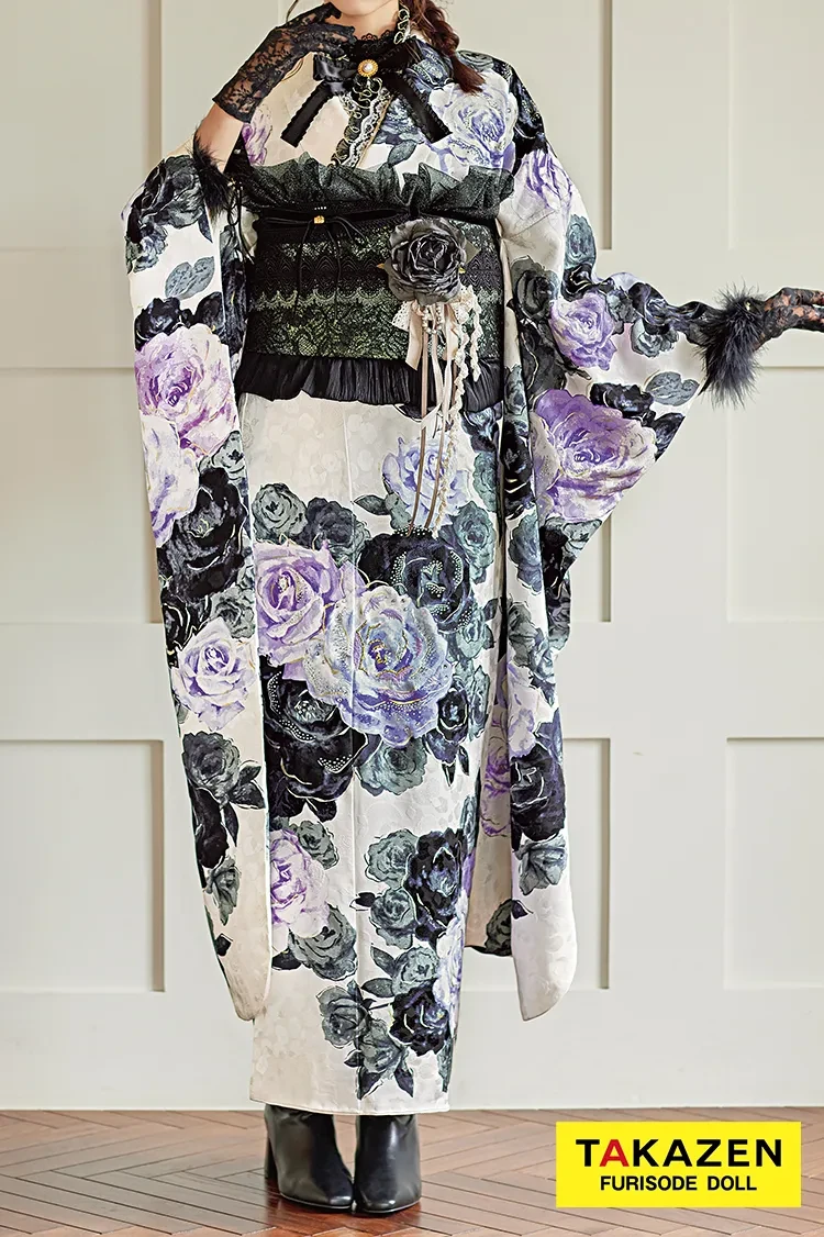 ヘップバーン 白/紫/グレー バラ柄 エレガント セレブ ブーツコーデ