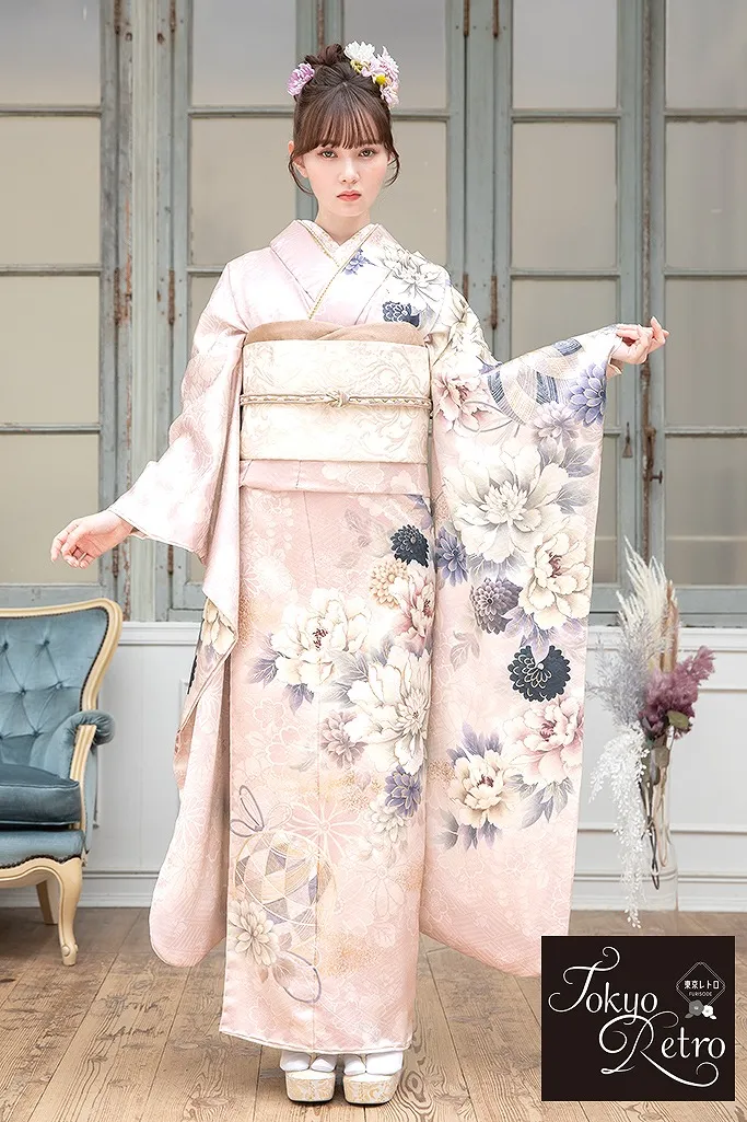 東京レトロ くすみピンク/淡い色 牡丹柄 くすみカラー古典 かわいい