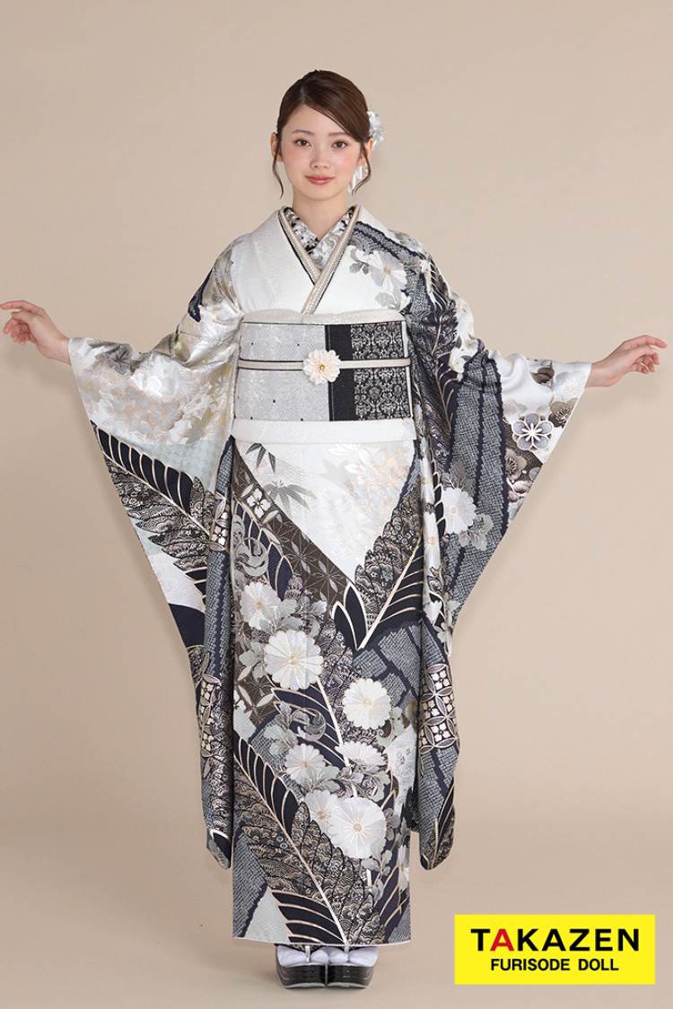 正統派古典 白/グレー 菊柄 スタイリッシュ シック かっこいい 大人っ