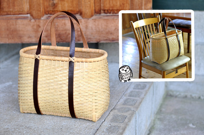 竹かご鞄 大 革手/買い物かご大 革手 －白/竹かご/かごバッグ