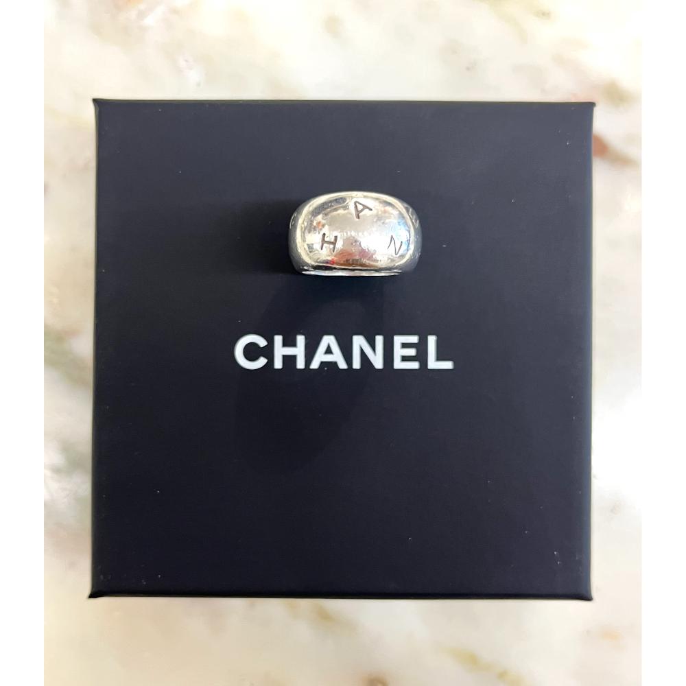 Chanel silver debossed logo ring - The Cat's Meow