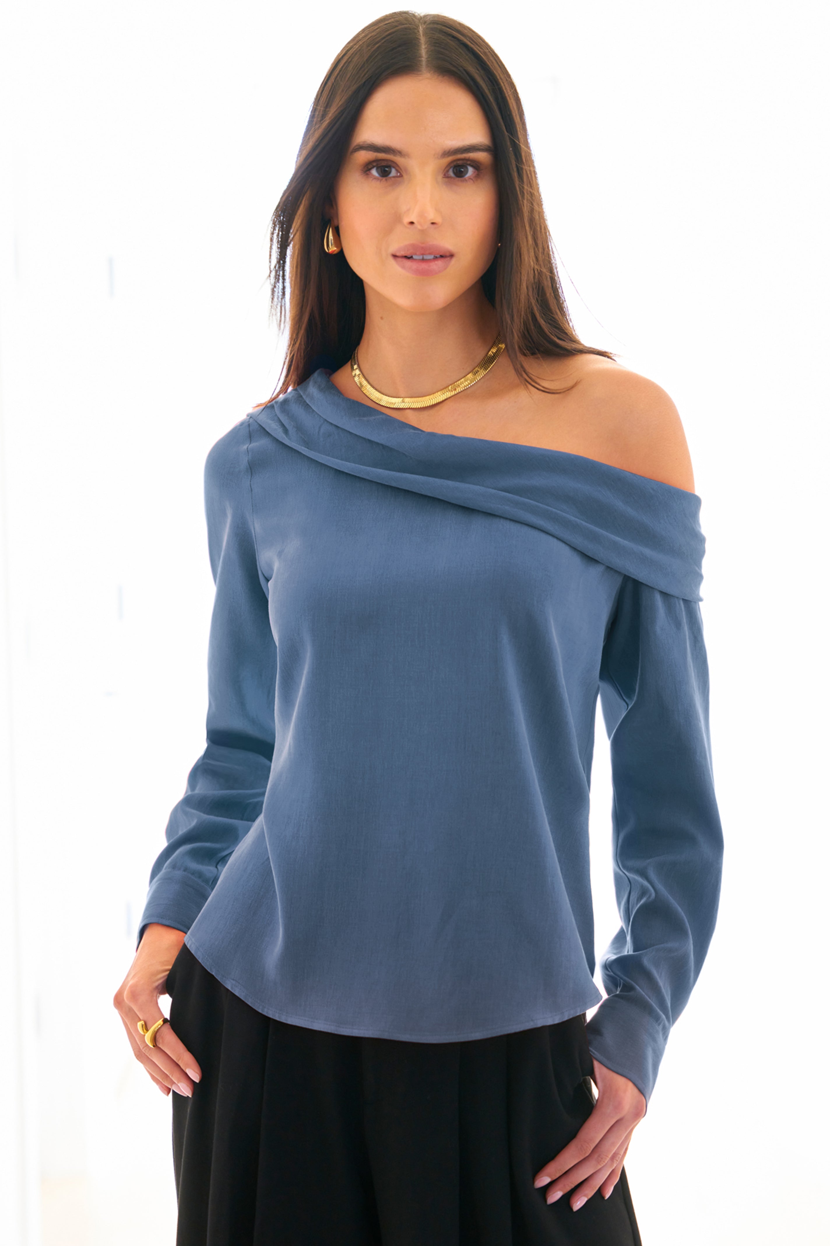 Dani | Teal Cupro Cotton Long Sleeve Off-Shoulder Top | Finley Shirts