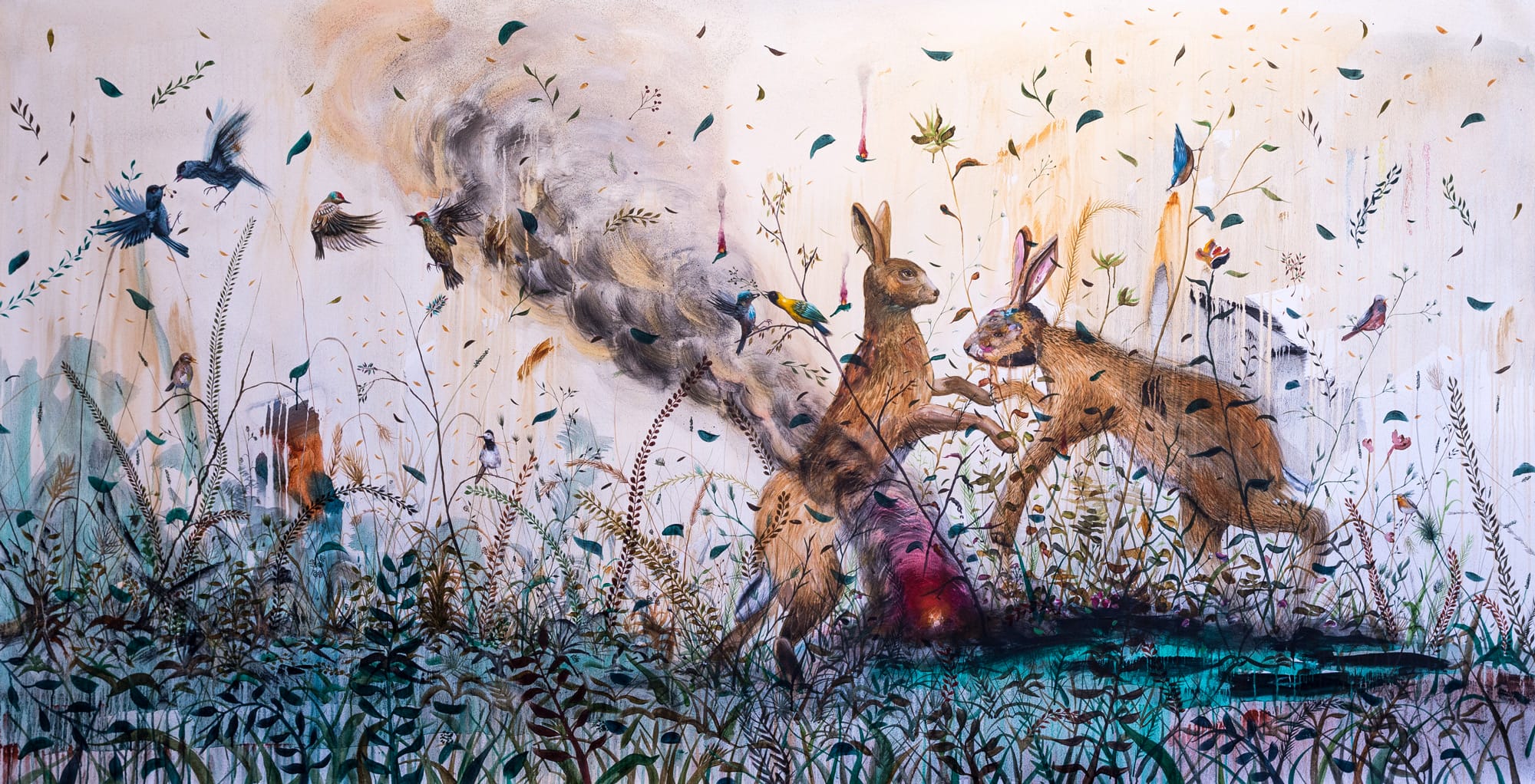Chaotic Swarms of Flowers and Birds Inhabit New Paintings by