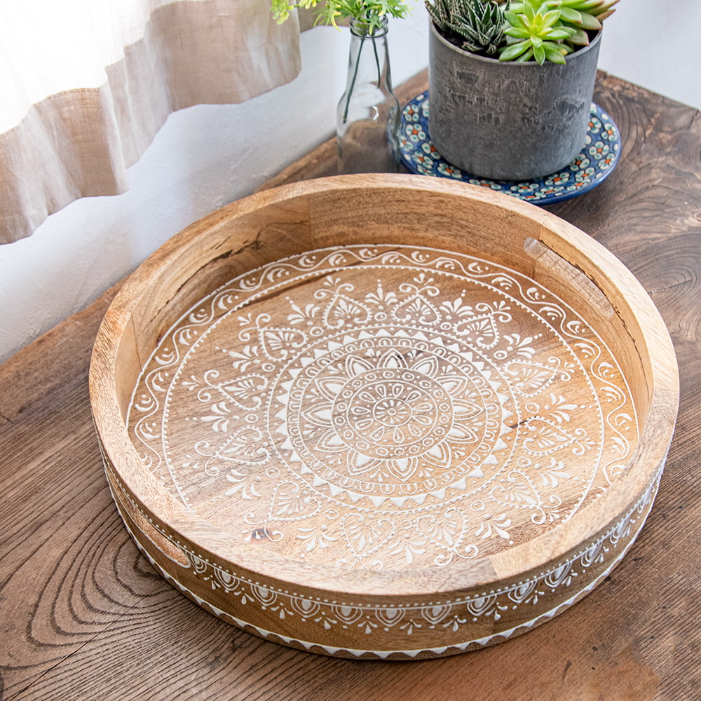 伝統の細密画 ウッドトレイ マンゴーウッド製 ラウンド 中サイズ 幅