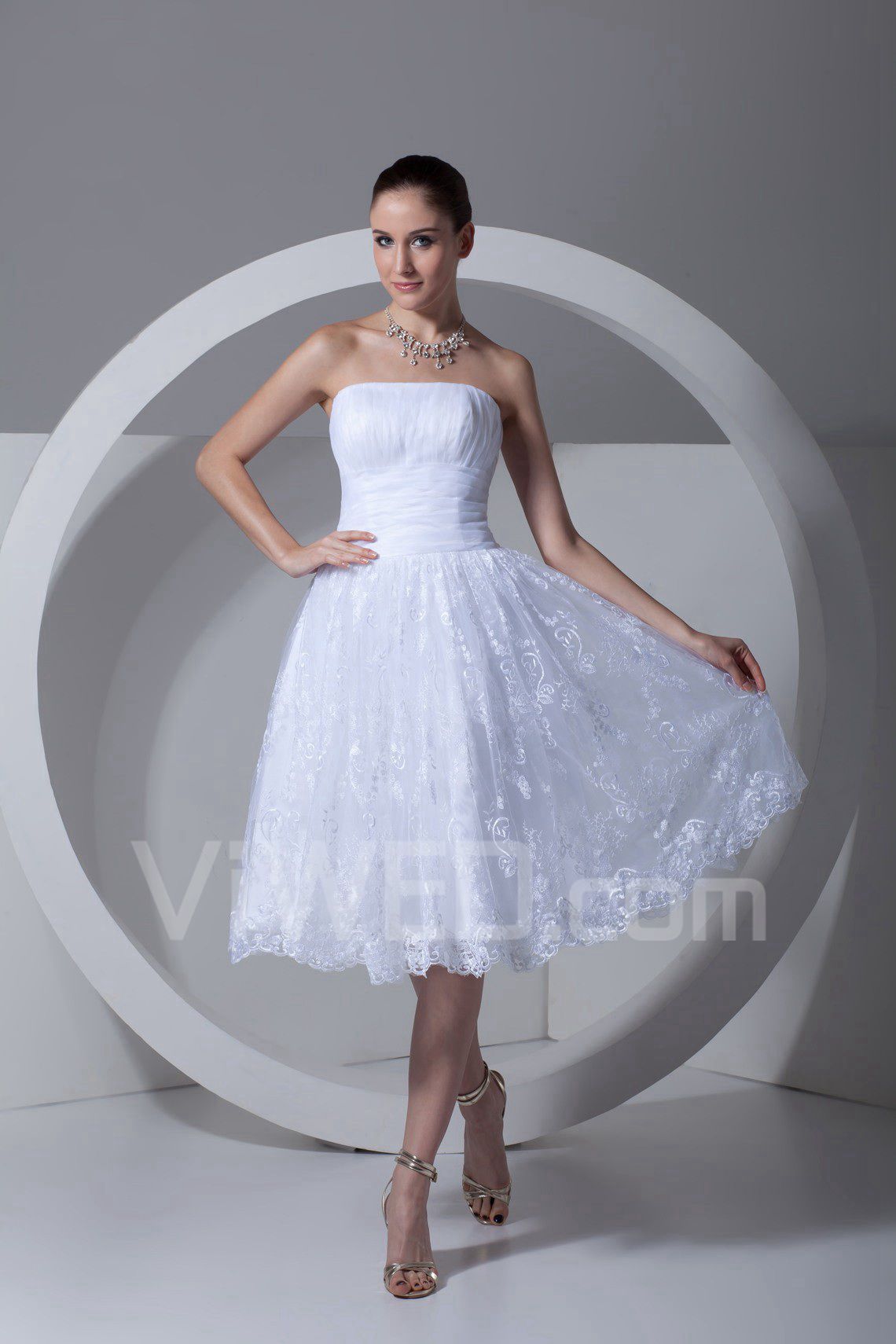 Discount サテン レース ストラップレス 膝丈 コルセット ウェディング