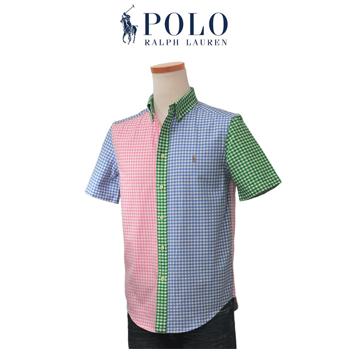 POLO ラルフローレン<br>カラーブロックギンガムチェック半袖シャツ<BR>